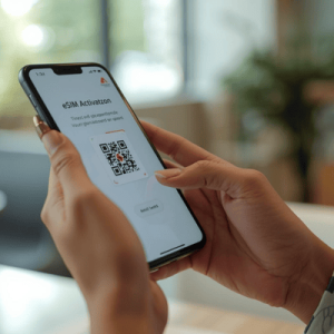 Hand holding a smartphone scanning a QR code to activate the best eSIM for China for instant travel data.