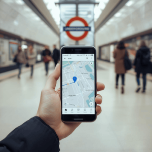 POV shot of a traveler using a smartphone for navigation inside a London Tube station, showing a clear digital map on the screen.