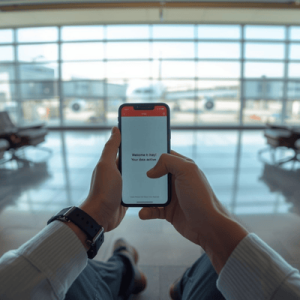 Passenger in an airport terminal viewing a "Welcome" notification on their smartphone after activating their travel eSIM.