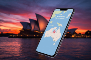 Smartphone showing a successful eSIM Australia activation with the Sydney Opera House in the background.