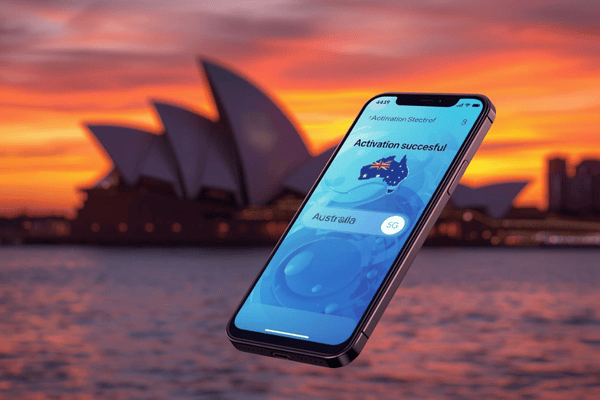 Smartphone showing a successful eSIM Australia activation with the Sydney Opera House in the background.