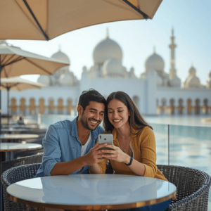 Travelers using high-speed mobile data on their phones while visiting landmark locations in Abu Dhabi.