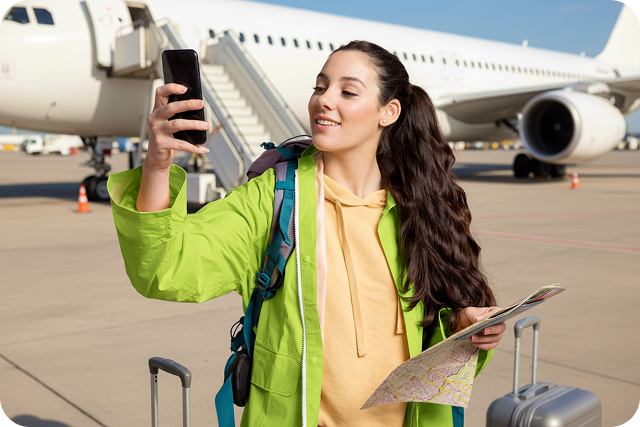 A woman stands outdoors holding a map in one hand and a phone in the other, smiling as she looks at her surroundings, likely at an airport or near an aircraft