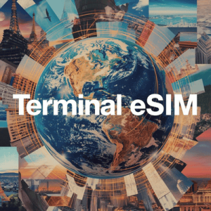 A creative digital collage of a glowing 3D globe showing global network connections provided by Terminal eSIM travel data plans