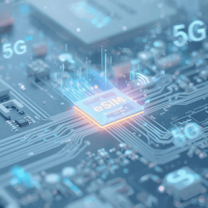 A detailed 3D illustration of an embedded SIM (eSIM) chip inside a smartphone with holographic 5G data symbols