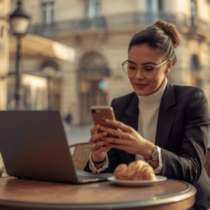A digital nomad using a smartphone at a Parisian cafe, showcasing the ease of using an eSIM France plan while working abroad