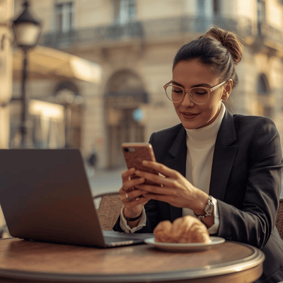 A digital nomad using a smartphone at a Parisian cafe, showcasing the ease of using an eSIM France plan while working abroad