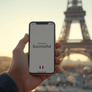 A digital nomad using a smartphone at a Parisian cafe, showcasing the ease of using an eSIM France plan while working abroad