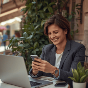 A digital nomad working at an outdoor cafe in Madrid, using a smartphone and laptop with high-speed 5G connectivity