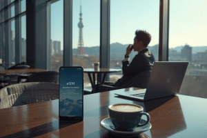 A digital nomad working in a Seoul cafe with a smartphone showing an eSIM activation screen and the city skyline in the background