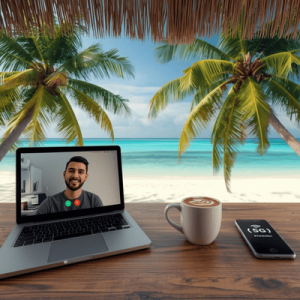 A digital nomad's workspace on a Tulum beach featuring a laptop and a smartphone with a strong 5G signal via a Mexico eSIM