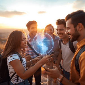 A group of friends using a single smartphone to navigate during a trip, powered by an eSIM unlimited data plan