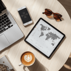 A minimalist workspace on a cafe table featuring a laptop, iPad, and smartphone, symbolizing digital nomad connectivity