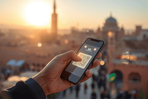 A person holding a smartphone showing an eSIM QR code activation screen with the historic Marrakech medina and a mosque in the background