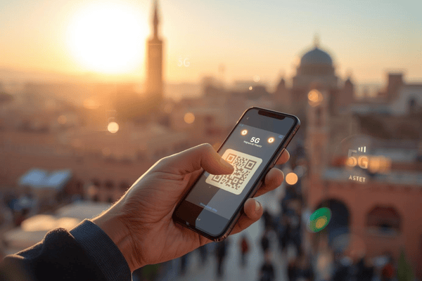 A person holding a smartphone showing an eSIM QR code activation screen with the historic Marrakech medina and a mosque in the background