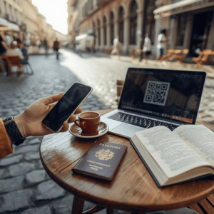 A person in a European cafe scanning a QR code to activate a travel eSIM, demonstrating easy internet for travel setup