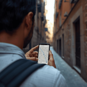 A person navigating the narrow streets of Barcelona's Gothic Quarter using mobile data on their smartphone