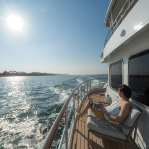 A person working remotely on a boat on the Nile River using a reliable mobile data connection