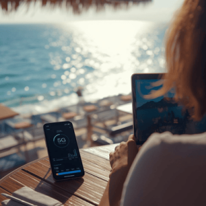 A remote worker using high-speed 5G data via eSIM to work from a tropical beach location