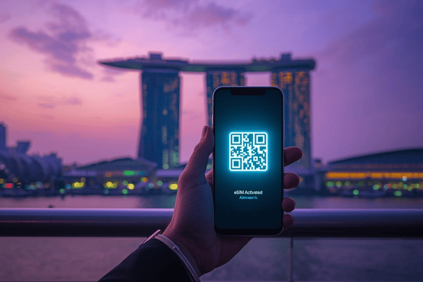 A smartphone displaying a digital eSIM activation code against the glowing Singapore skyline at night