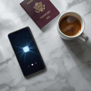 A smartphone, passport, and coffee on a marble table with a subtle holographic glow representing an internal eSIM