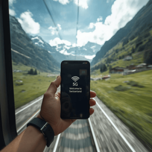 A smartphone showing a 5G connection and travel notification against a scenic mountain backdrop seen from a train window