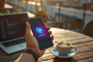 A smartphone showing a successful eSIM activation on a wooden table at a sunny outdoor cafe, representing digital nomad connectivity