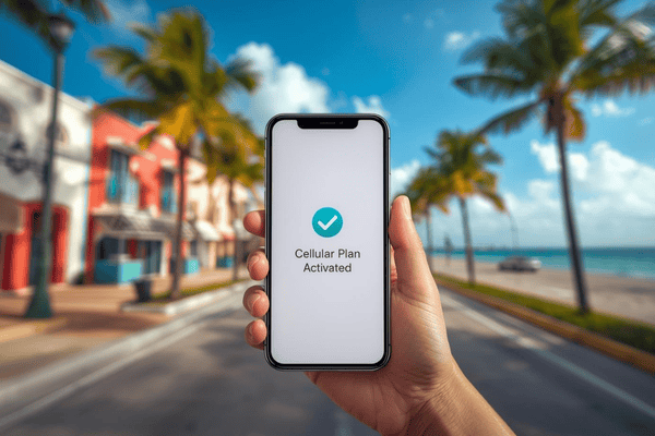 A smartphone showing a successful eSIM activation with the blurred Art Deco backdrop of Ocean Drive, MiamiA smartphone showing a successful eSIM activation with the blurred Art Deco backdrop of Ocean Drive, Miami