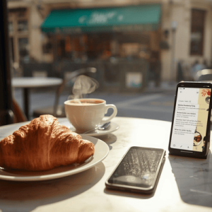 A smartphone using a translation app to read a French menu on a Parisian café table next to a croissant and coffee