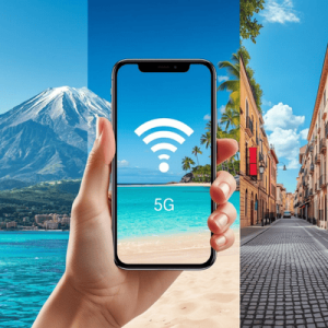 A smartphone with a steady signal held against a background of multiple global destinations, highlighting Truely's regional coverage