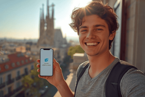 A tourist holding a smartphone with an activated eSIM screen on a balcony overlooking the Sagrada Família in Barcelona