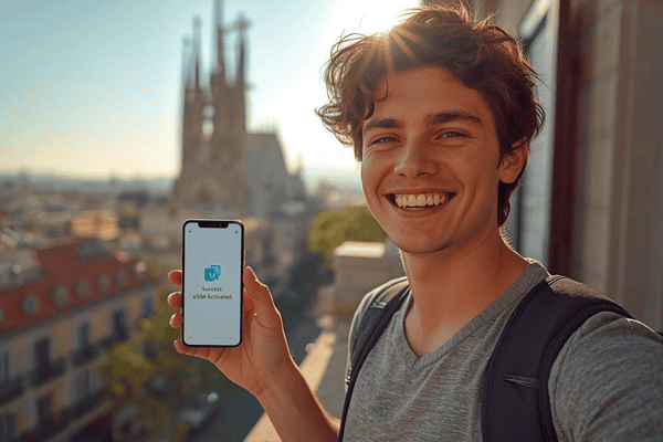 A tourist holding a smartphone with an activated eSIM screen on a balcony overlooking the Sagrada Família in Barcelona