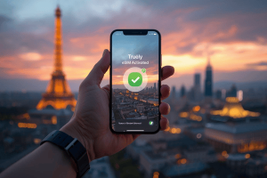 A traveler activating a Truely eSIM on their smartphone with a scenic city landmark in the background