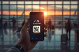 A traveler activating a digital eSIM on their smartphone at an airport during sunset, symbolizing easy connectivity