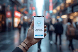 A traveler activating an eSIM unlimited data plan on a smartphone in a vibrant, high-tech city at night, symbolizing seamless connectivity