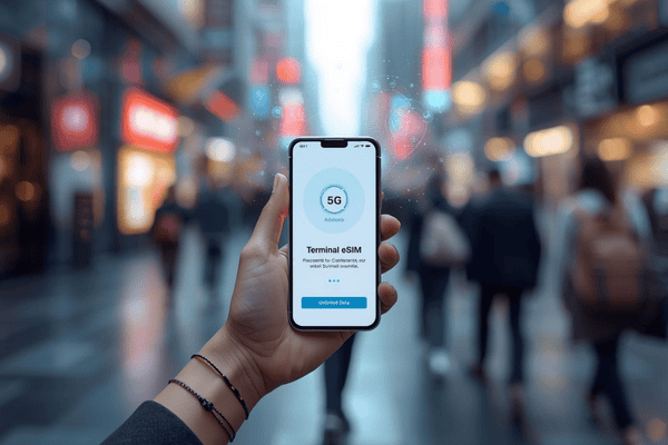 A traveler activating an eSIM unlimited data plan on a smartphone in a vibrant, high-tech city at night, symbolizing seamless connectivity