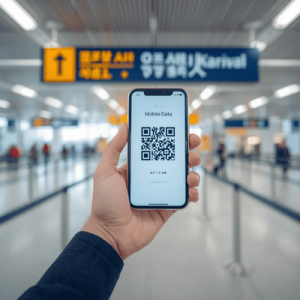 A traveler at Incheon Airport scanning a QR code on their phone to activate an eSIM Seoul data plan