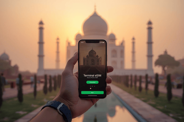 A traveler holding a smartphone showing a connected Terminal eSIM app with the Taj Mahal in the background at sunrise