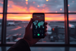 A traveler holding a smartphone showing a global connection map in an airport terminal at sunset, representing international internet for travel via eSIM