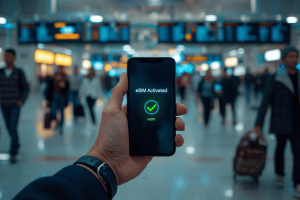A traveler holding a smartphone showing a successful eSIM activation screen in a busy airport terminal, symbolizing seamless travel connectivity