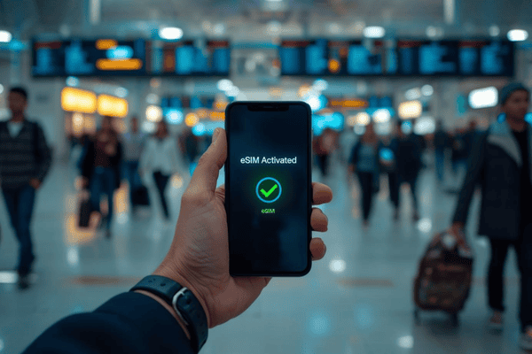 A traveler holding a smartphone showing a successful eSIM activation screen in a busy airport terminal, symbolizing seamless travel connectivity