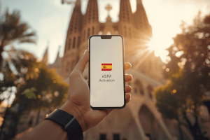 A traveler holding a smartphone showing an eSIM activation screen with a blurred background of the Sagrada Família in Barcelona during sunset