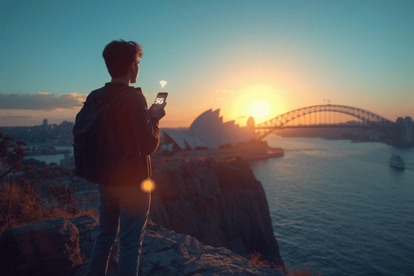 A traveler holding a smartphone with a 5G connectivity icon, overlooking the Sydney Harbour Bridge and Opera House at sunset