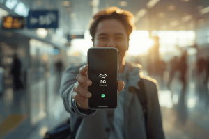A traveler holding a smartphone with a 5G signal icon in a bright, modern airport terminal