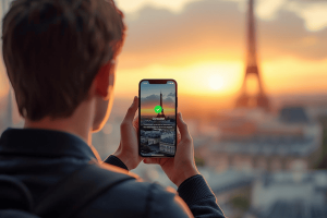 A traveler holding a smartphone with an eSIM activation screen in front of the Eiffel Tower during sunset in Paris