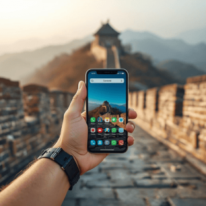 A traveler holding a smartphone with social media apps open in front of the Great Wall of China, illustrating internet access via eSIM