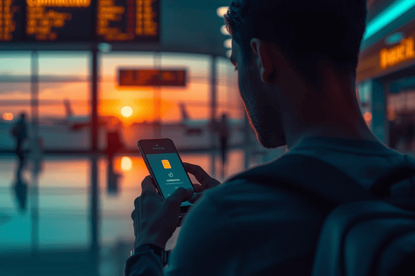 A traveler in a modern airport holding a smartphone with an eSIM "Connected" message on the screen during sunset