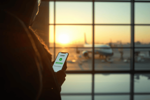 A traveler in a sunny airport terminal holding a smartphone that shows a successful eSIM activation screen