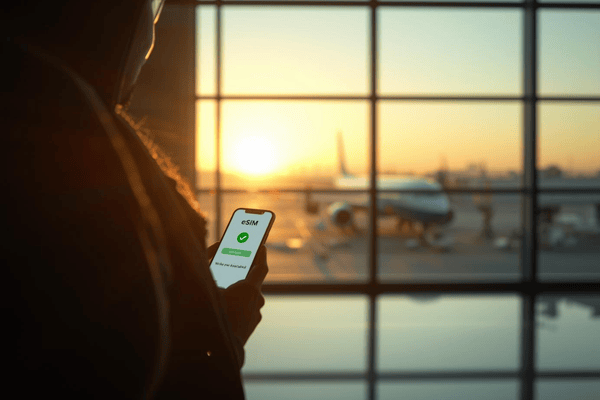 A traveler in a sunny airport terminal holding a smartphone that shows a successful eSIM activation screen