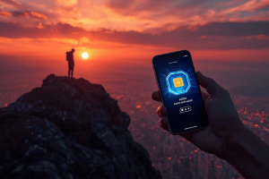 A traveler on a mountain ridge holding a smartphone with a glowing eSIM interface, overlooking a city at sunset